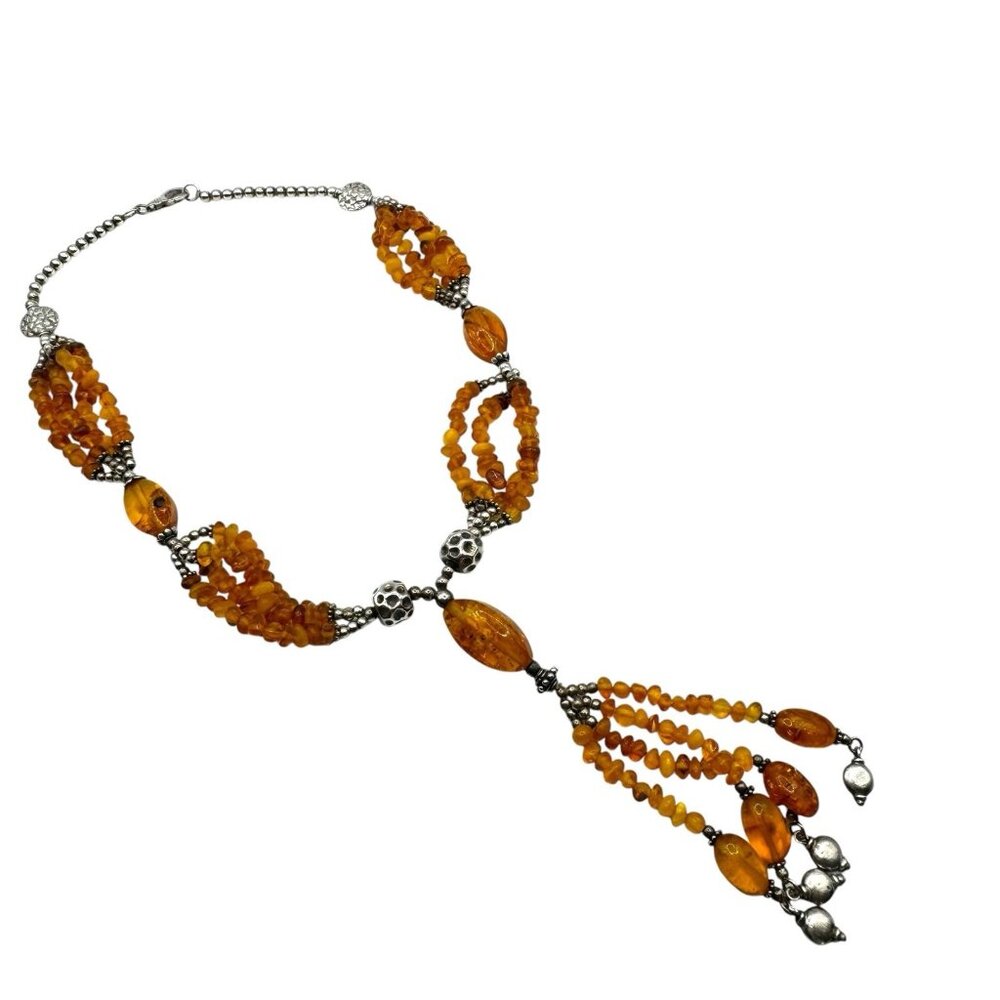 Sterling Silver Amber Beaded Dangle Necklace 18in Statement Beautiful